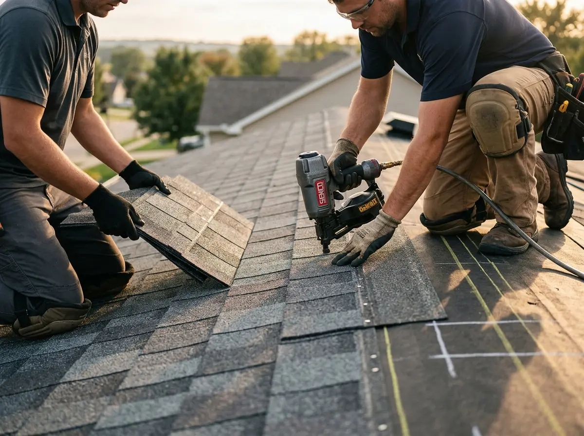 Professional roofer working on a residential roof in Sealy